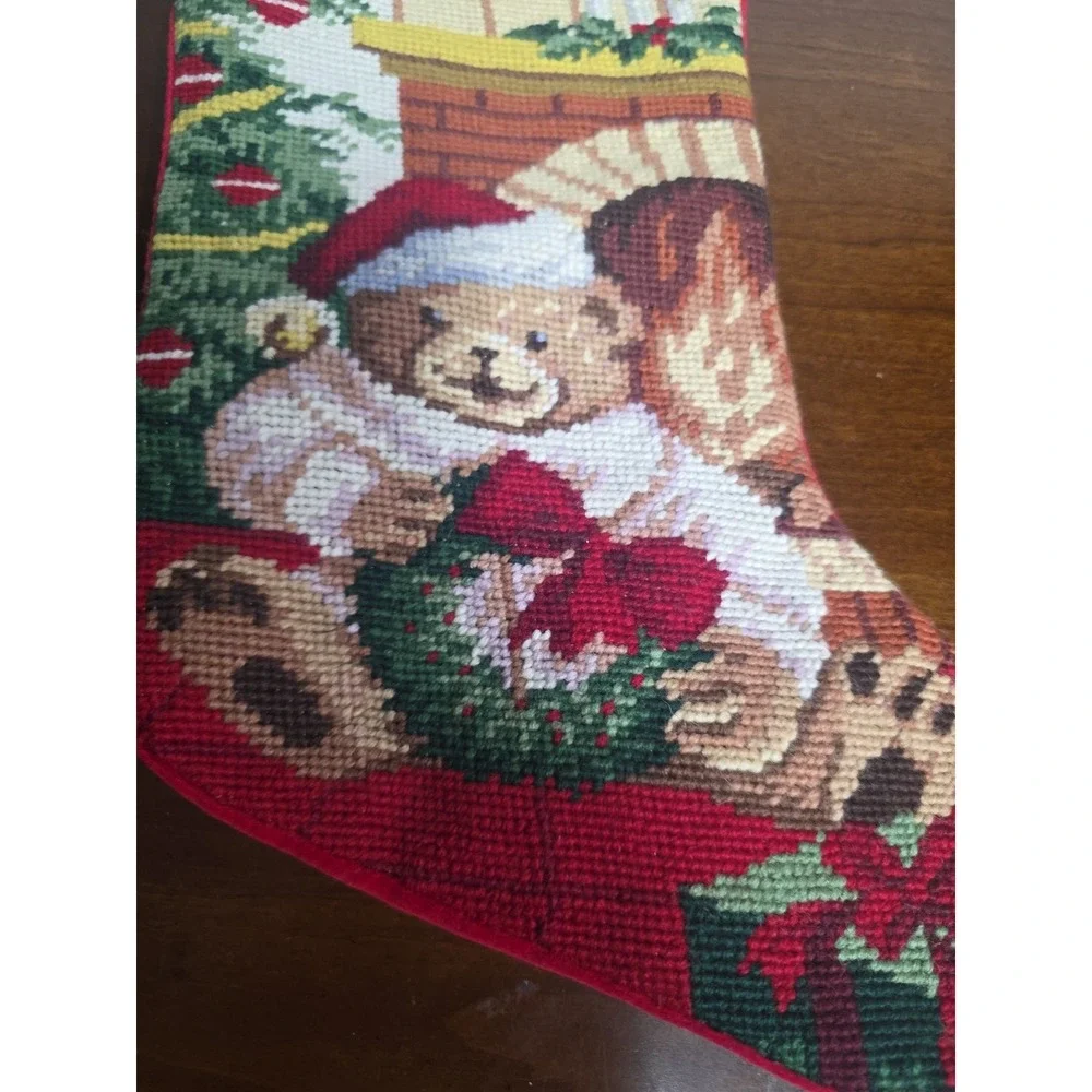 Needlepoint Christmas Stocking‎ Bear Wreath Wool Velvet Personalized Breanna